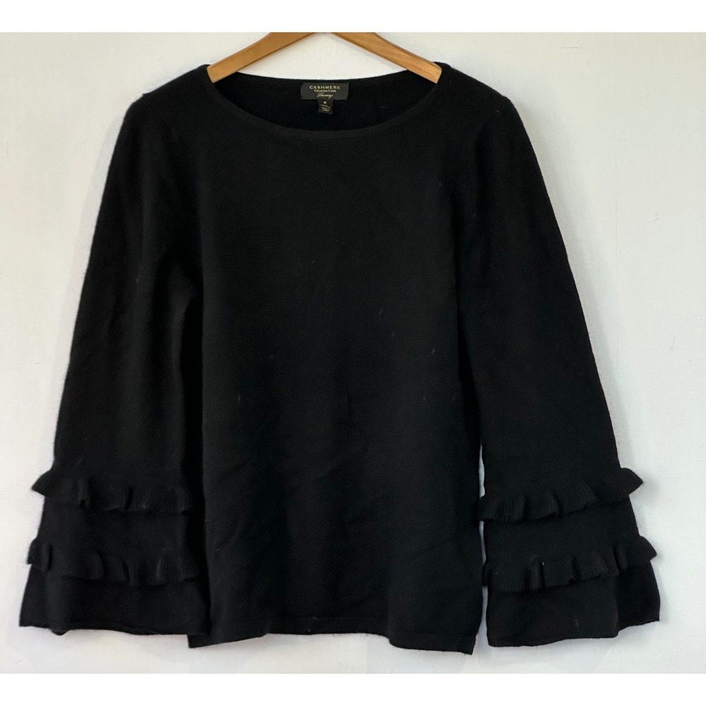 Charter Club Sweater Cashmere Ruffle Bell Sleeve Womens M Black Good